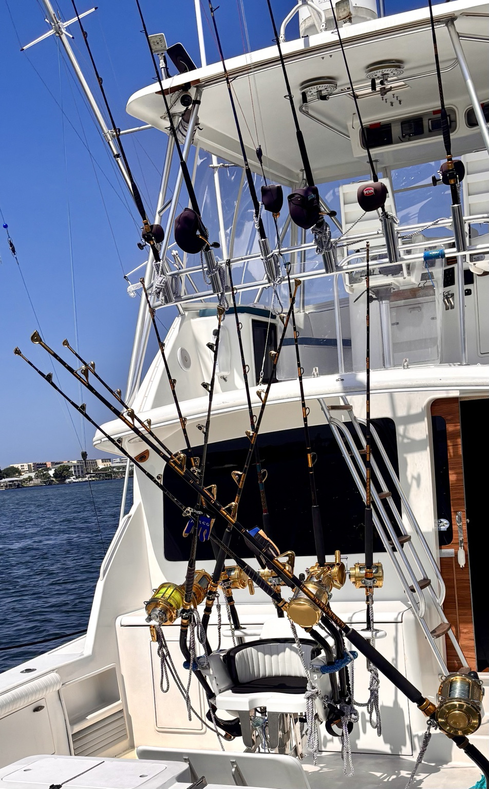 Cockpit equipped with fishing rods and tackle